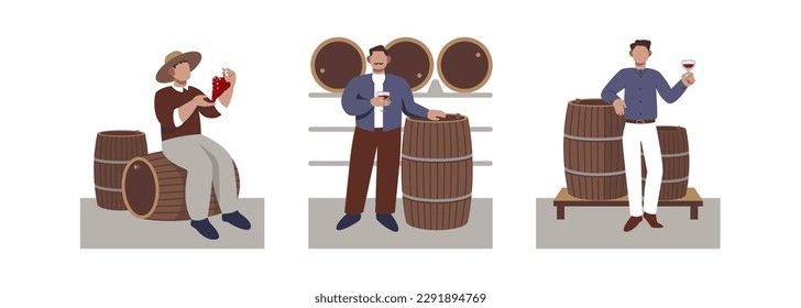Set of cartoon characters of young men dealing with wine production. Wine production industry. Process of winemaking and tasting using organic grapes. Vector