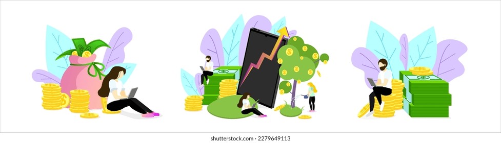 Set of cartoon characters of young people investing their money. Finance growth and budget management. Revenue and income. Way to financial success. Vector