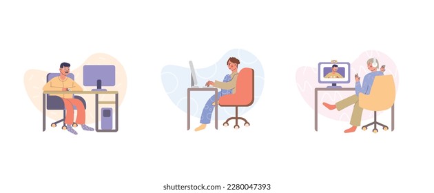 Set of cartoon characters of young people working from home. Group of creative employees doing their remote job. Time management for freelancers. Vector
