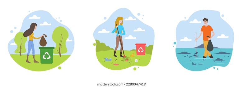 Set of cartoon characters of young people gathering trash. Environmental protection and nature care. Volunteers taking care of environment. No garbage and overconsumption. Vector