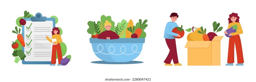 Conjunto de personajes de dibujos animados de jóvenes comiendo comida saludable. Frutas y verduras como fuentes de energía. Idea de dieta vegetariana. Proceso de pérdida de peso. Vector