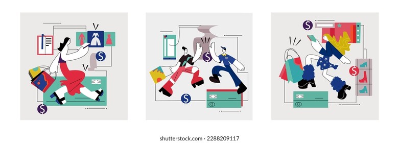 Set of cartoon characters of young people doing online shopping. Process of making purchases over Internet. Choosing goods online. Concept of digital environment. Vector