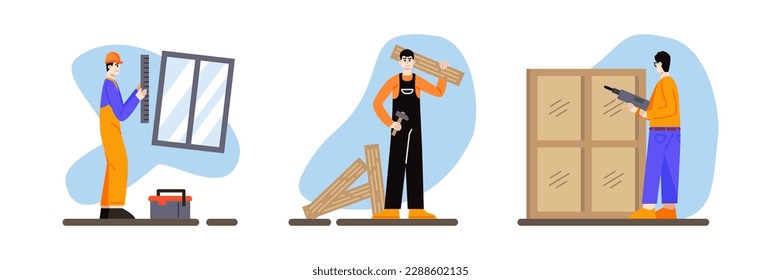 Set of cartoon characters of young people doing house renovation and repairing. Process of making home repair. Time for installing windows in flat. Redecorating house interior. Vector
