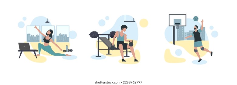 Set of cartoon characters of young people doing sports exercises. Practicing yoga, lifting weight and playing basketball. Healthy and active lifestyle. Vector