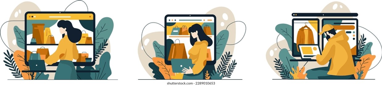 Set of cartoon characters of young people doing shopping online from home. Making purchases over Internet. Choosing goods online. Digital environment sector. Vector