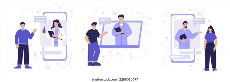 Juego de personajes de caricatura de jóvenes que trabajan como doctores en línea. Es hora de hacer el tratamiento de los pacientes online. Consulta médica remota a través de Internet. Vector