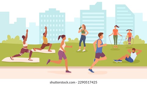 Set of cartoon characters of young people doing sports outdoor. Concept of healthy and active lifestyle. Boosting confidence with sports and workouts. Regular physical activity. Vector