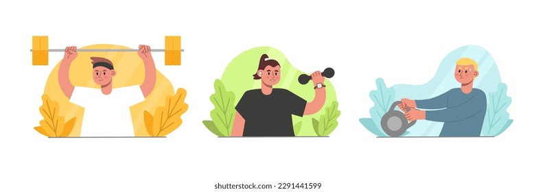 Set of cartoon characters of young people doing sports exercises. Time for lifting barbell, dumbbell and kettlebell. Regular physical activity. Vector