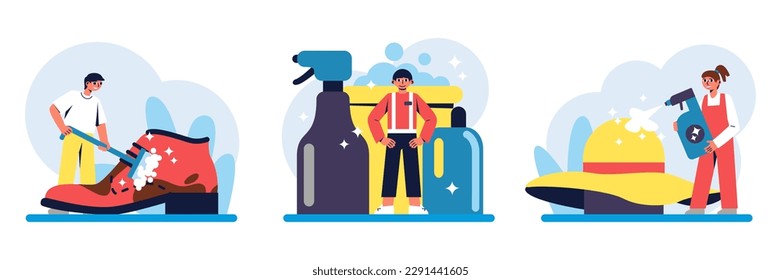 Set of cartoon characters of young people working in modern dry cleaning services. Time for professional cleaning of shoes and hats using detergents. Vector