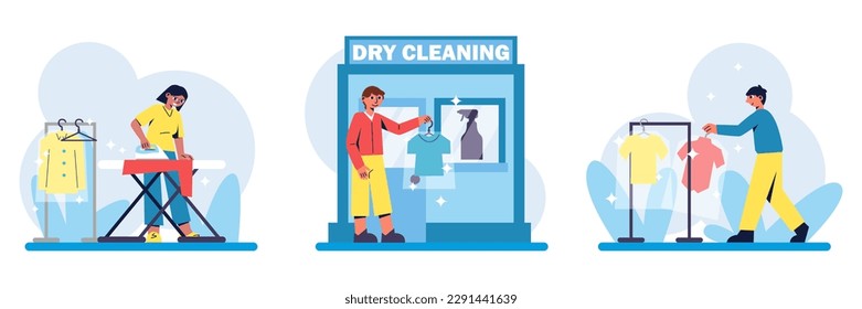 Set of cartoon characters of young people engaged in dry cleaning. Concept of housekeeping and clean clothes. Time for professional clothes cleaning. Vector