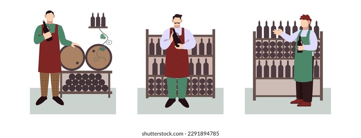 Set of cartoon characters of young people making alcohol drink. Professional sommelier occupation. Concept of wine production. Time for making organic wine. Vector