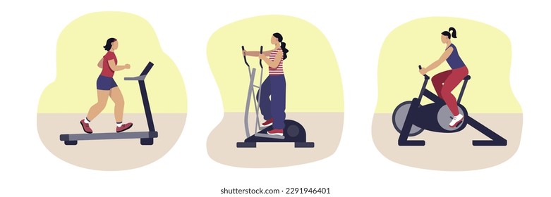 Set of cartoon characters of young people training with different sports equipment. Time for cardio exercises in gym. Morning workout to loss weight. Active and healthy lifestyle. Vector