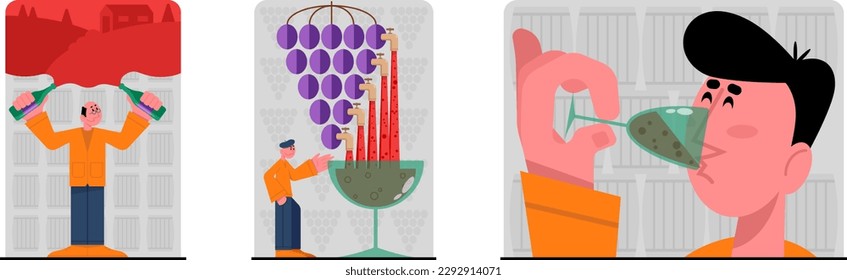Set of cartoon characters of young people making and tasting organic wine. Winemaking process with natural grapes. Time for making alcohol drinks. Wine production industry. Vector
