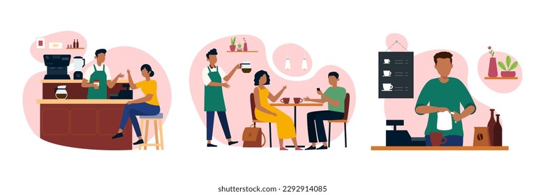 Conjunto de personajes de caricatura de jóvenes con uniformes que trabajan como baristas. Trabajadores experimentados de cafeterías que atienden a clientes. Proceso de hacer capuchino en el café. El propietario de un pequeño negocio. Vector