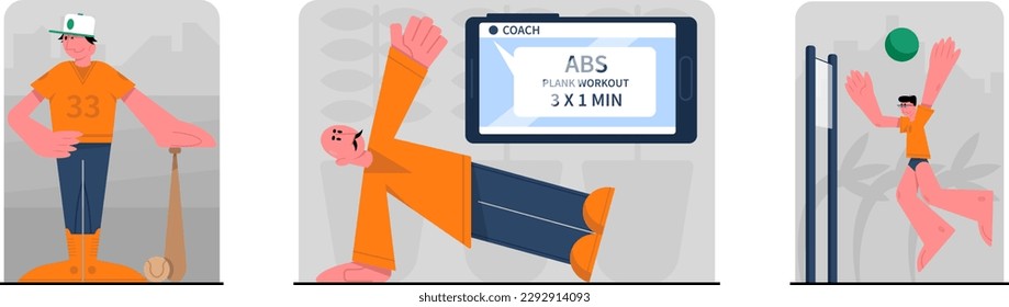 Set von Cartoon-Figuren von jungen Menschen, die Sport treiben. Regelmäßige körperliche Aktivität und gesunder Lebensstil. Training drinnen und draußen. Morgen Trainingszeit. Vektorgrafik