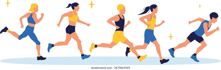 Set of  cartoon characters of young people running.  Healthy lifestyle. Lose weight. Sports, running, training,  jogging, marathon, city competition, marathons, cardio workout, exercise.