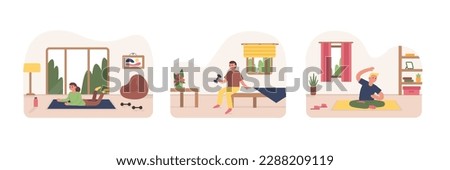 Set of cartoon characters of young people doing sports at home. Time for yoga and stretching exercises. Morning workout to loss weight. Active and healthy lifestyle. Vector