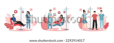 Set of cartoon characters of young people donating their blood in hospital. Social active youth. Volunteering organization members. Lifesaving impact of blood. Vector