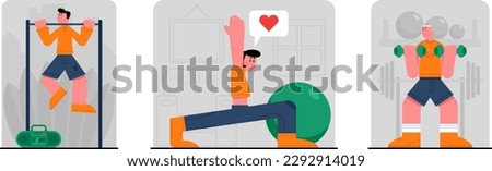 Set of cartoon characters of young people in sportswear training. Active and healthy lifestyle. Regular physical activity. Time for morning workout. Vector