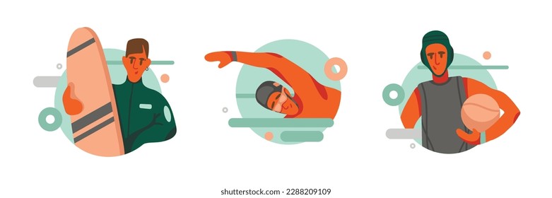 Set of cartoon characters of young strong people doing sports. Workout with sportive equipment. Time for surfing, swimming and rugby. Active and healthy lifestyle. Vector