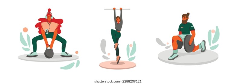 Set of cartoon characters of young strong people training. Workout with sportive equipment. Time for sports exercises. Active and healthy lifestyle. Vector
