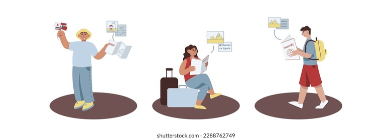 Set of cartoon characters of young tourists and travelers with luggage and map. Visiting sightseeing during holidays. Time for discovering new places. Vector