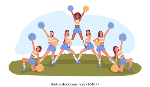 Set of cartoon characters of young women supporting sports team. Positive cheerleaders in action wearing sports fan uniforms. Support performance to motivate sports teams. Vector