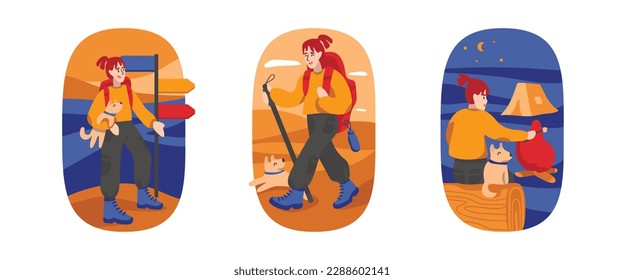 Set of cartoon characters of young women doing camping during their vacation. Time for camping. Sleeping in tent in forest. Process of traveling with pet. Vector