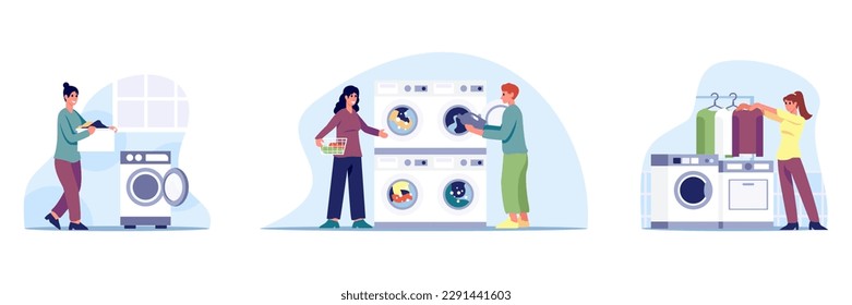 Set of cartoon characters of young women doing laundry. Usage of home appliances such as washing machines. Concept of duties, chores and housekeeping. Vector