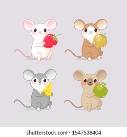 a set with cartoon charecters four mice that sit and hold strawberries, apple, nut and cheese