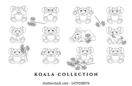 Set cartoon charming koalas. Sketch of funny animals with emotions. Black outline white background. Isolated, flat style. Template for coloring. Vector illustration.