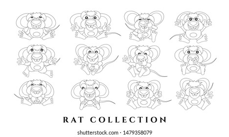 Set cartoon charming rats. Sketch of funny animals with emotions. Black outline white background. Isolated, flat style. Pattern for coloring. Vector illustration