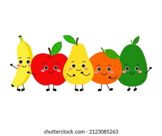 set of cartoon cheerful funny fruits isolated on white background, vector illustration with cute banana, pear, apple, avocado and tangerine