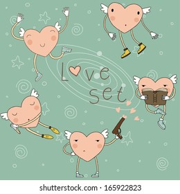 Set with cartoon cheerful hearts. eps 10