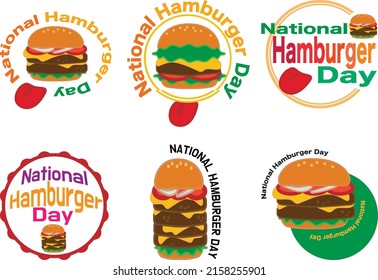 Set Of Cartoon Cheese Big Burger Icon And Sticker. Burger With Lettuce, Tomato, Cheese And Hamburg Steak. National Hamburger Day Collection Vector, Illustration, EPS10