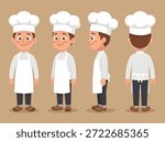 A set of cartoon chef characters shown from the front, side, and back, wearing chef hats and aprons.