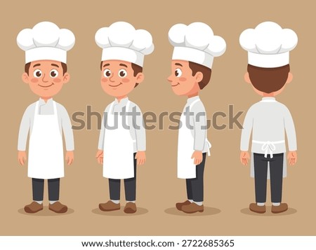 A set of cartoon chef characters shown from the front, side, and back, wearing chef hats and aprons.