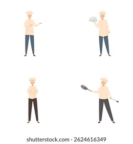 Set of cartoon chef illustrations, showcasing different actions and utensils