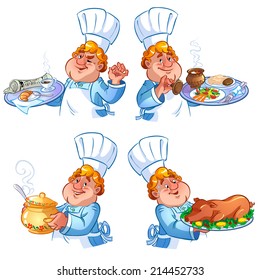 Set of cartoon chefs with various dishes. Vector clip-art illustration on a white background.