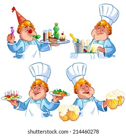 Set of cartoon chefs with various dishes. Vector clip-art illustration on a white background.