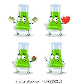 set of cartoon chemical conical erlenmeyer flask character mascot on white background