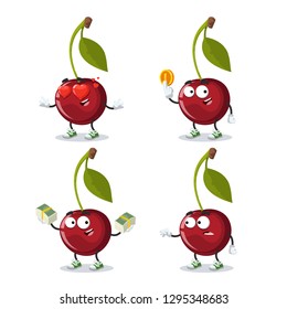 set of cartoon cherry berry on a branch with a leaf character mascot on white background