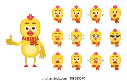 Set of cartoon chicken character emoticons. Chicken avatars showing different facial expressions. Happy, sad, cry, surprised, tired, angry, in love and other emotions. Vector illustration