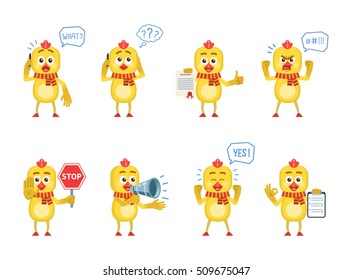 Set of cartoon chicken characters posing in different situations. Cheerful chicken talking on phone, surprised, thinking, angry, holding stop sign, clipboard, loudspeaker. Flat vector illustration