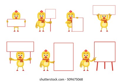 Set of cartoon chicken characters posing with different blank banners. Cheerful chicken holding paper, poster, placard, pointing to whiteboard. Teach, advertise, promote. Vector illustration