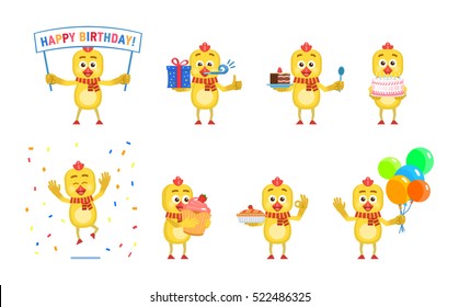 Set of cartoon chicken characters posing in different situations. Cheerful chicken holding birthday banner, cake, gift box, pie, cupcake, balloons. Birthday celebration. Flat vector illustration