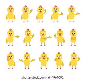Set of cartoon chicken characters showing diverse hand gestures. Funny chicken pointing, greeting, showing thumb up, stop hand and other gestures. Simple vector illustration