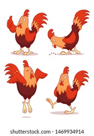 Set of cartoon chicken in different poses.