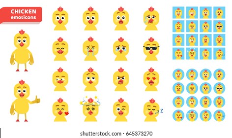 Set of cartoon chicken emoticons. Funny chicken avatars showing diverse facial expressions. Happy, sad, angry, laugh, surprised, dazed, sleepy, in love and other emotions. Flat vector illustration