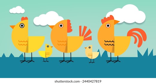 Set of cartoon chicken, hen and rooster poultry farm animal collection vector illustration.